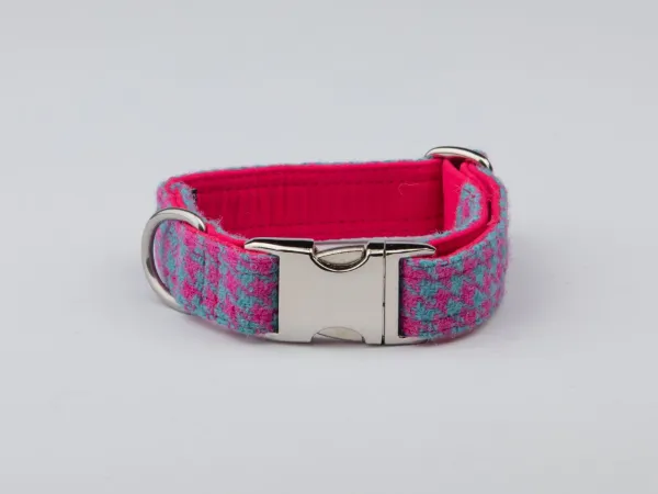 Picture of Collared Creatures Harris Tweed Collar - Houndstooth Turquoise & Pink - XS